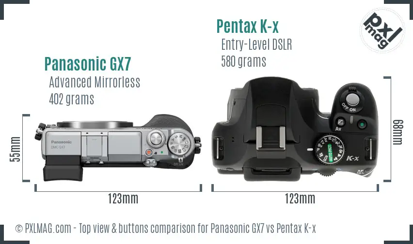 Panasonic GX7 vs Pentax K-x top view buttons comparison