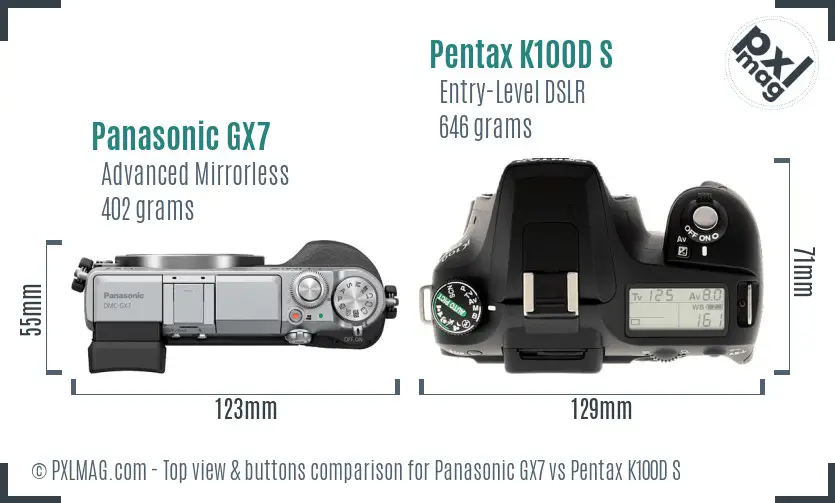 Panasonic GX7 vs Pentax K100D S top view buttons comparison