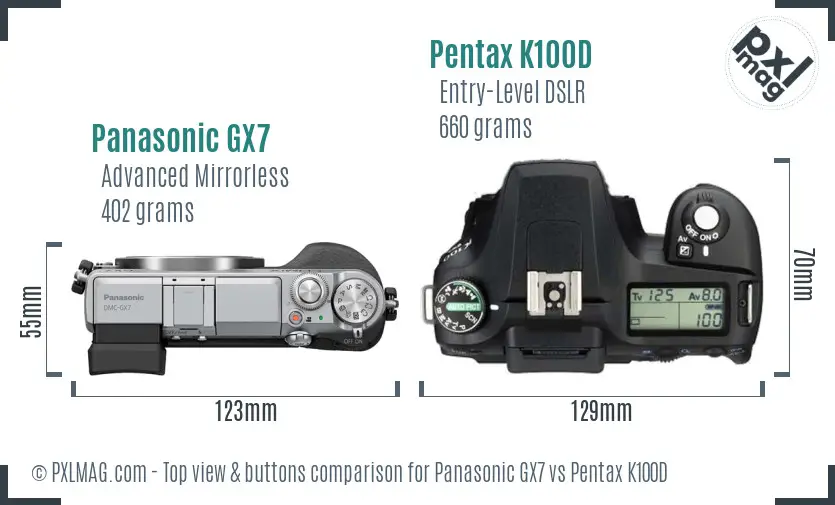 Panasonic GX7 vs Pentax K100D top view buttons comparison