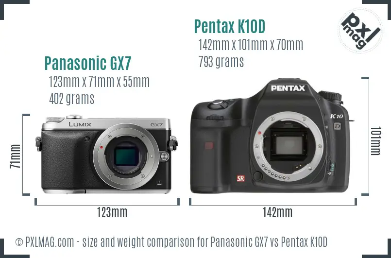 Panasonic GX7 vs Pentax K10D size comparison