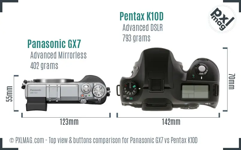 Panasonic GX7 vs Pentax K10D top view buttons comparison