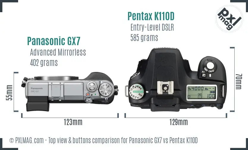Panasonic GX7 vs Pentax K110D top view buttons comparison