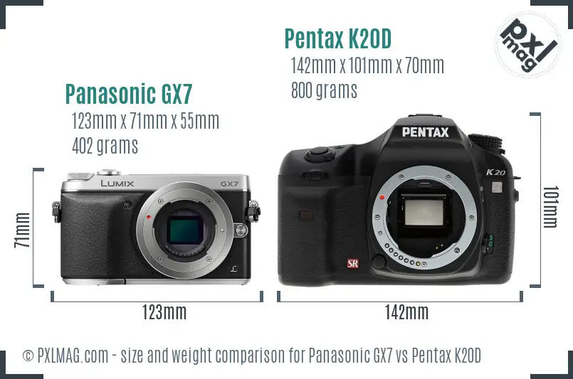 Panasonic GX7 vs Pentax K20D size comparison