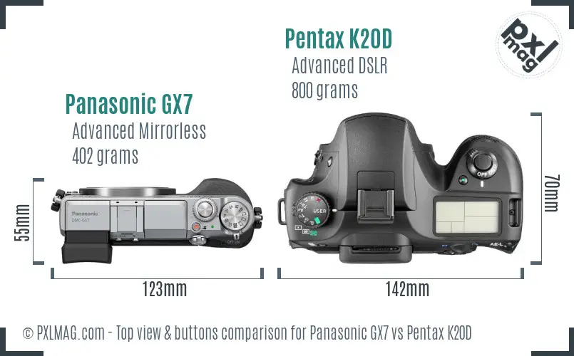 Panasonic GX7 vs Pentax K20D top view buttons comparison