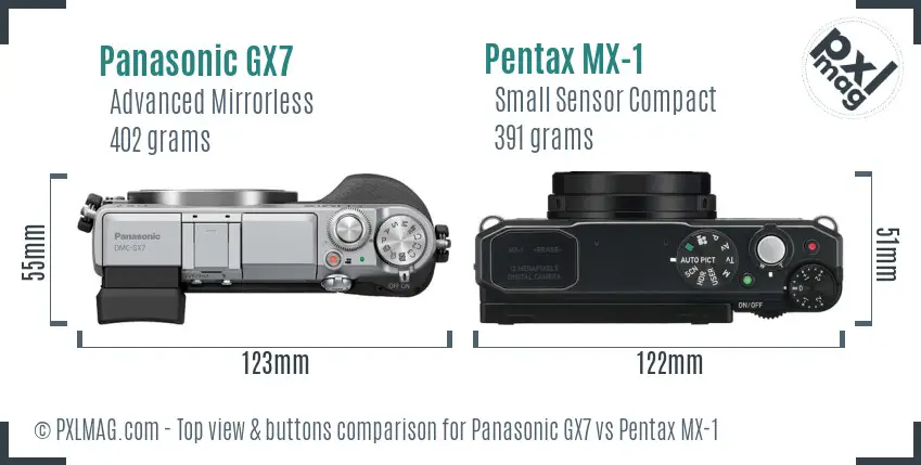 Panasonic GX7 vs Pentax MX-1 top view buttons comparison