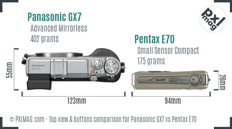 Panasonic GX7 vs Pentax E70 top view buttons comparison