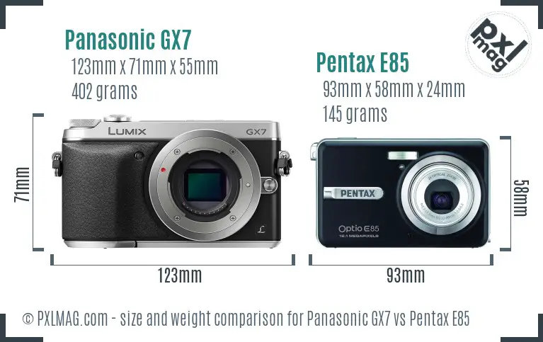 Panasonic GX7 vs Pentax E85 size comparison