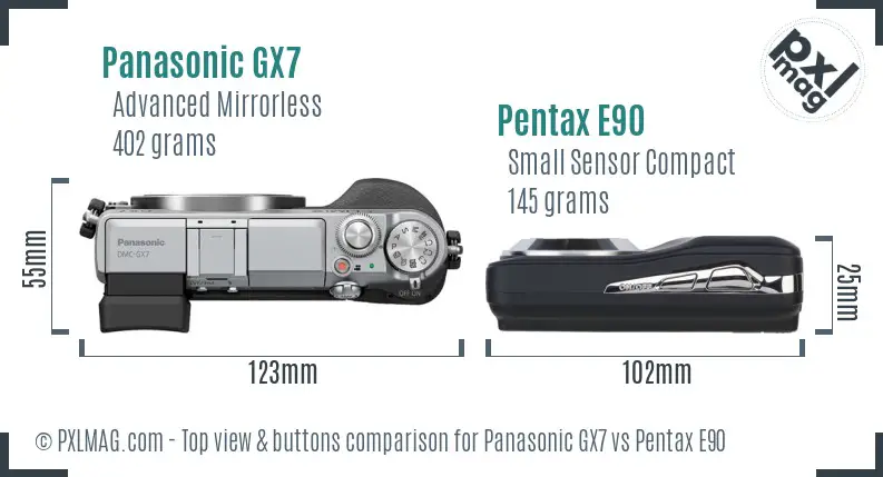 Panasonic GX7 vs Pentax E90 top view buttons comparison