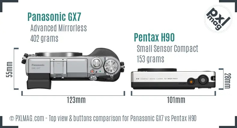 Panasonic GX7 vs Pentax H90 top view buttons comparison