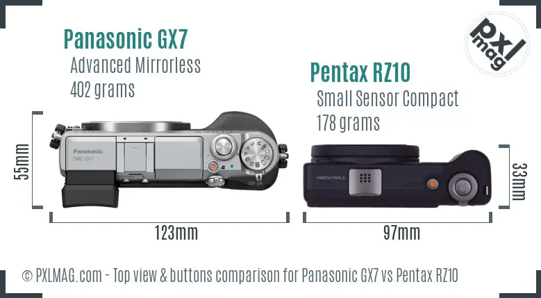 Panasonic GX7 vs Pentax RZ10 top view buttons comparison