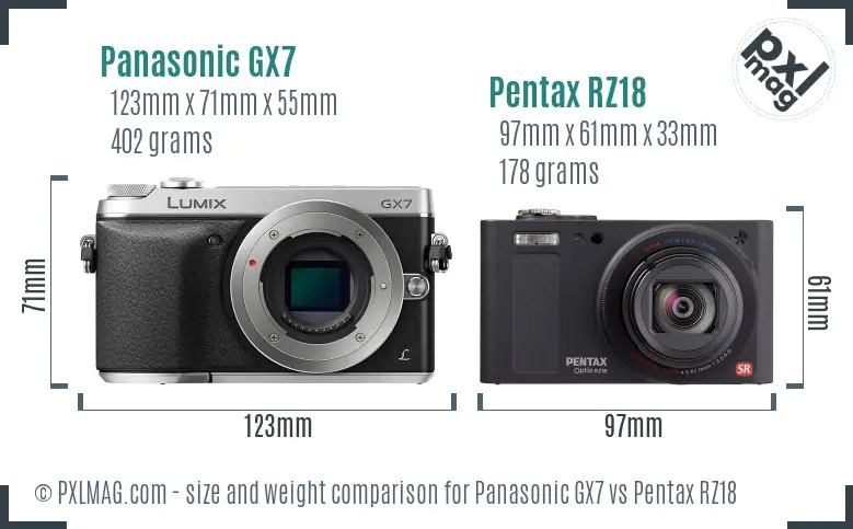 Panasonic GX7 vs Pentax RZ18 size comparison