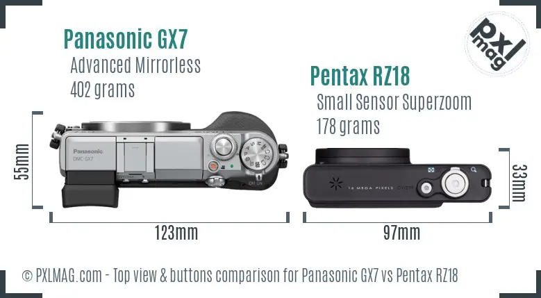 Panasonic GX7 vs Pentax RZ18 top view buttons comparison