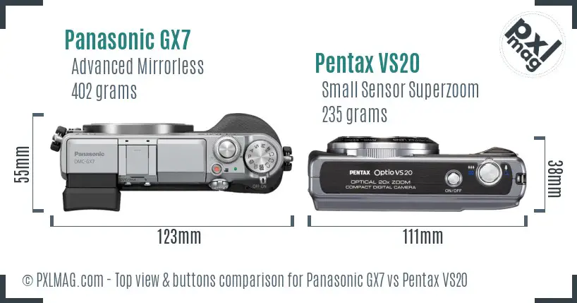 Panasonic GX7 vs Pentax VS20 top view buttons comparison