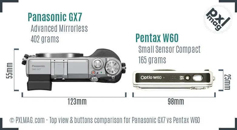 Panasonic GX7 vs Pentax W60 top view buttons comparison