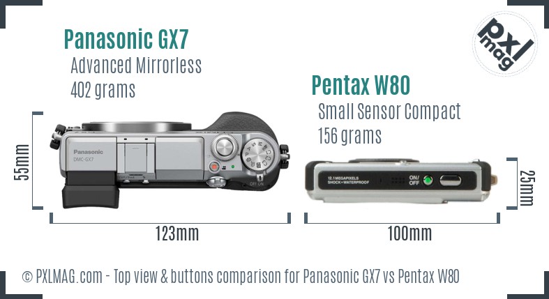 Panasonic GX7 vs Pentax W80 top view buttons comparison