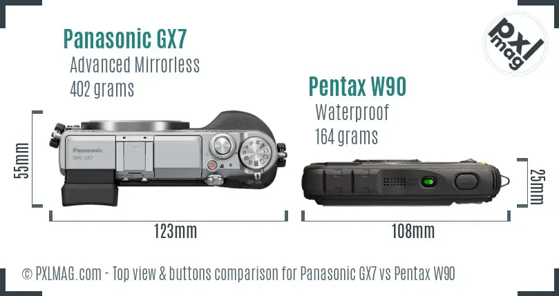 Panasonic GX7 vs Pentax W90 top view buttons comparison