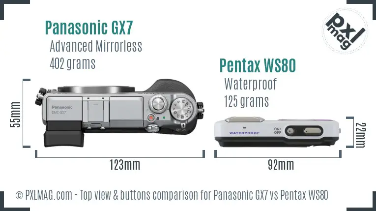 Panasonic GX7 vs Pentax WS80 top view buttons comparison