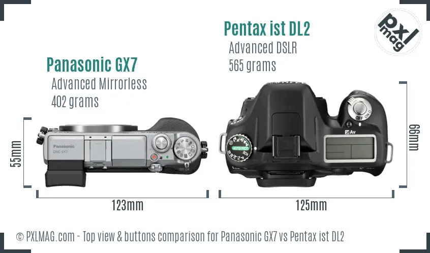 Panasonic GX7 vs Pentax ist DL2 top view buttons comparison
