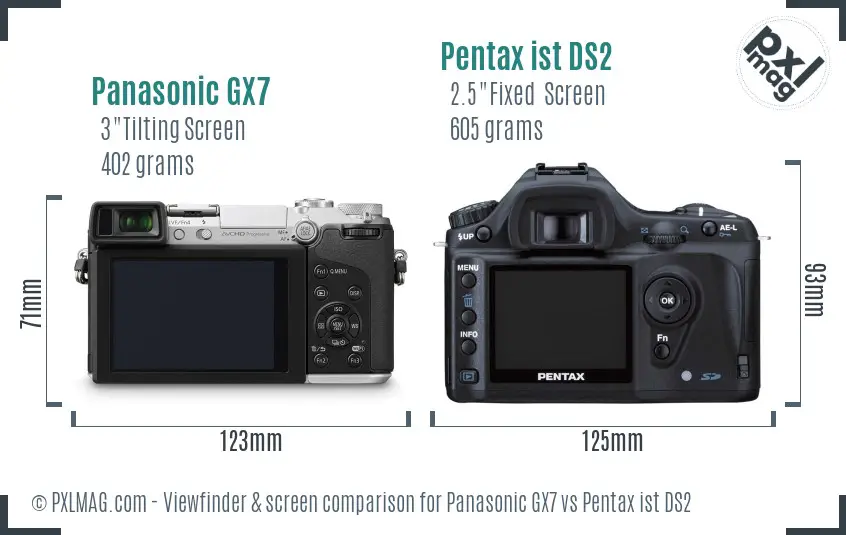 Panasonic GX7 vs Pentax ist DS2 Screen and Viewfinder comparison