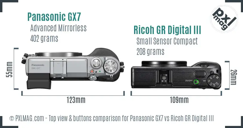 Panasonic GX7 vs Ricoh GR Digital III top view buttons comparison