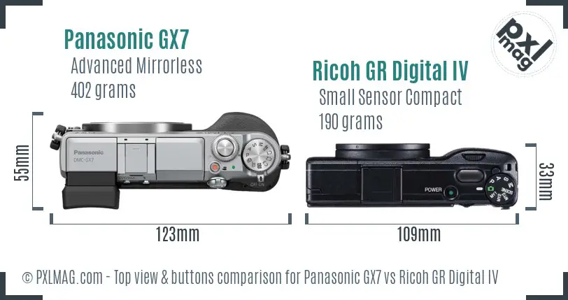Panasonic GX7 vs Ricoh GR Digital IV top view buttons comparison
