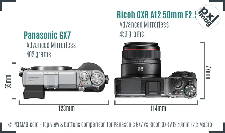 Panasonic GX7 vs Ricoh GXR A12 50mm F2.5 Macro top view buttons comparison