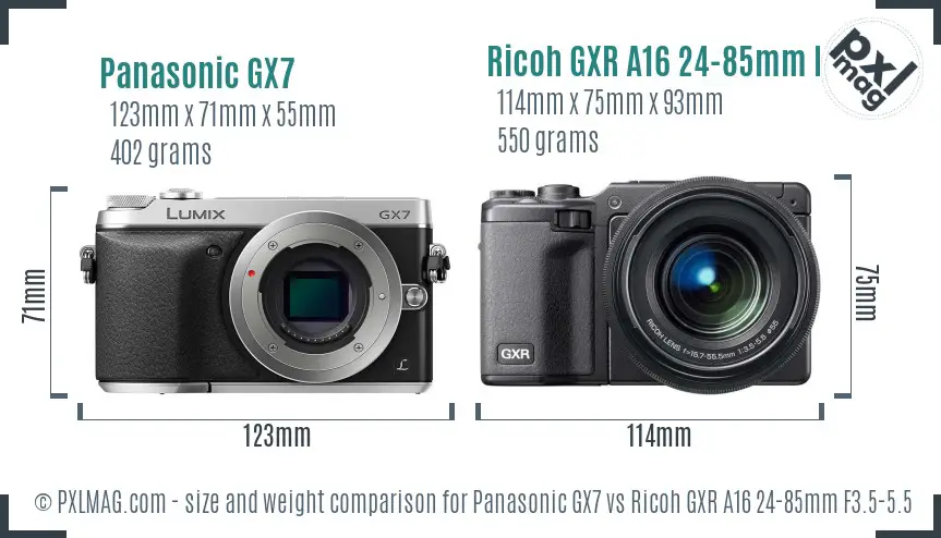 Panasonic GX7 vs Ricoh GXR A16 24-85mm F3.5-5.5 size comparison Panasonic GX7 vs Ricoh GXR A16 24-85mm F3.5-5.5 size comparison