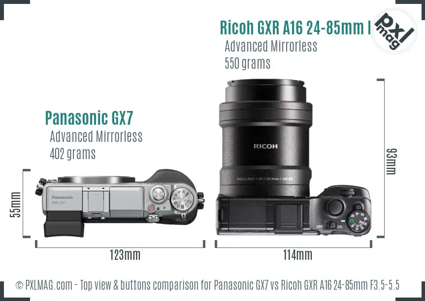 Panasonic GX7 vs Ricoh GXR A16 24-85mm F3.5-5.5 top view buttons comparison Panasonic GX7 vs Ricoh GXR A16 24-85mm F3.5-5.5 top view buttons comparison