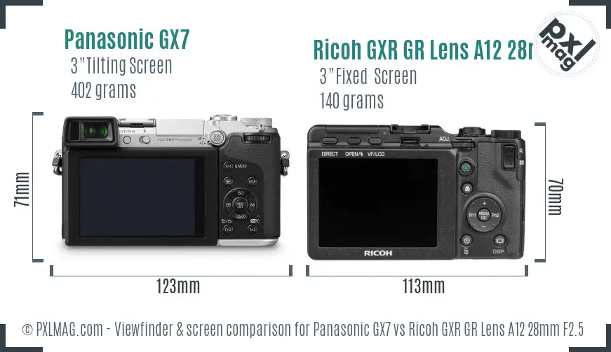 Panasonic GX7 vs Ricoh GXR GR Lens A12 28mm F2.5 Screen and Viewfinder comparison