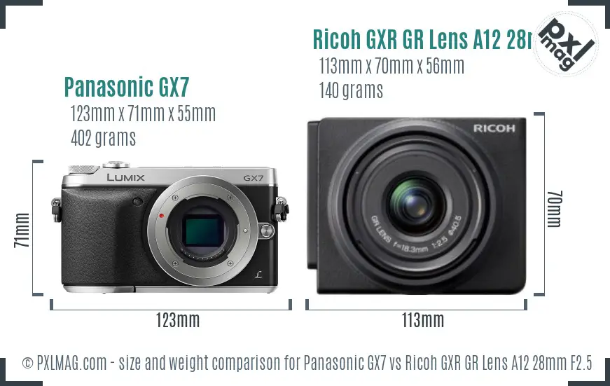Panasonic GX7 vs Ricoh GXR GR Lens A12 28mm F2.5 size comparison