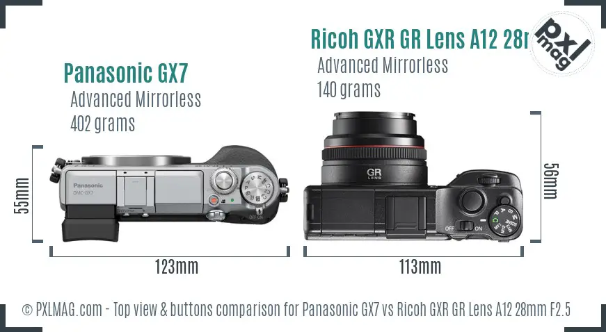 Panasonic GX7 vs Ricoh GXR GR Lens A12 28mm F2.5 top view buttons comparison