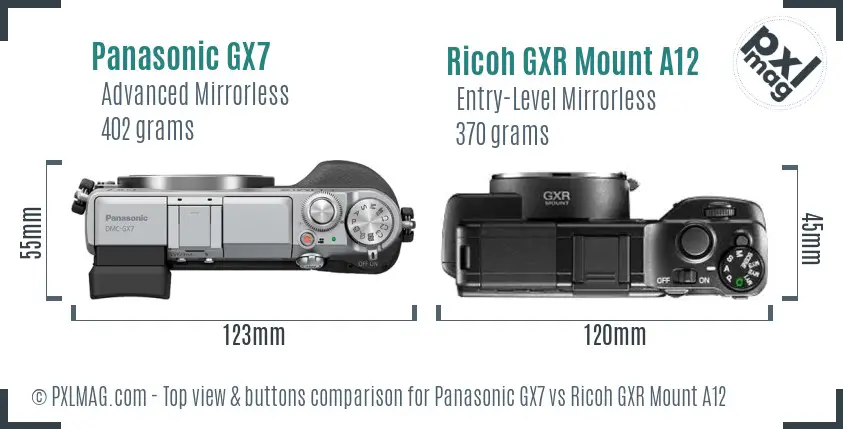 Panasonic GX7 vs Ricoh GXR Mount A12 top view buttons comparison