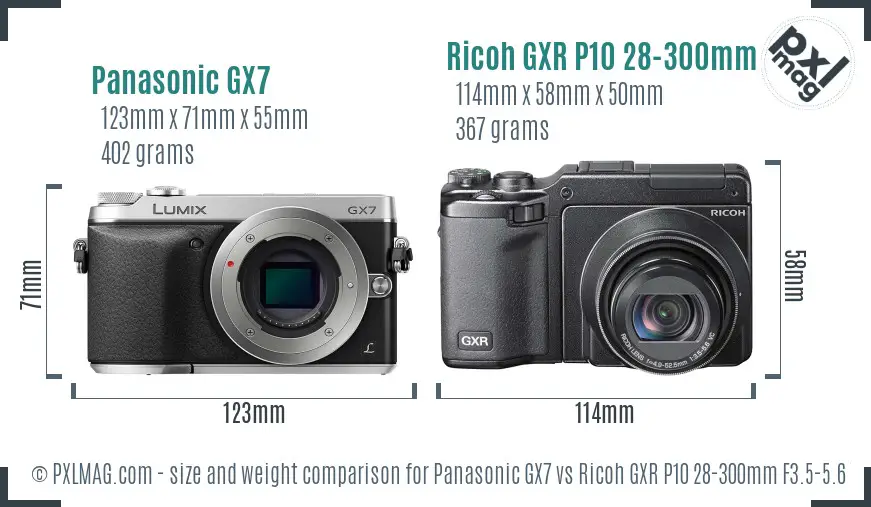 Panasonic GX7 vs Ricoh GXR P10 28-300mm F3.5-5.6 VC size comparison