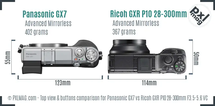 Panasonic GX7 vs Ricoh GXR P10 28-300mm F3.5-5.6 VC top view buttons comparison