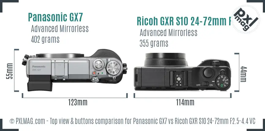 Panasonic GX7 vs Ricoh GXR S10 24-72mm F2.5-4.4 VC top view buttons comparison