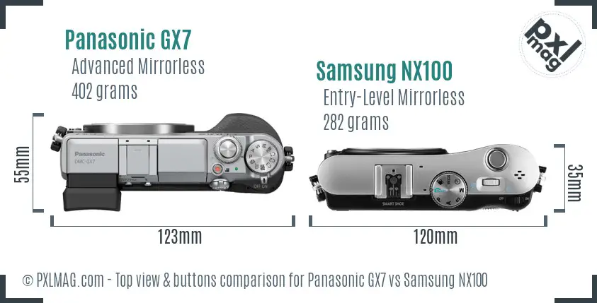 Panasonic GX7 vs Samsung NX100 top view buttons comparison