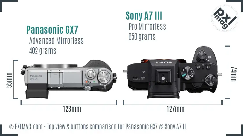Panasonic GX7 vs Sony A7 III top view buttons comparison