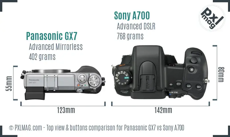 Panasonic GX7 vs Sony A700 top view buttons comparison