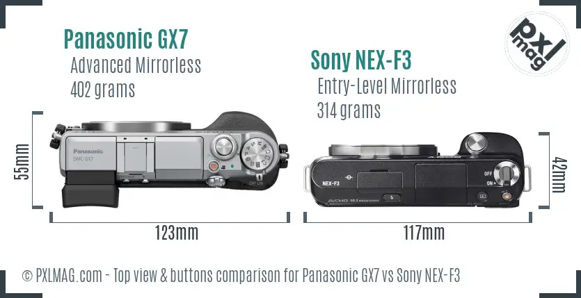 Panasonic GX7 vs Sony NEX-F3 top view buttons comparison