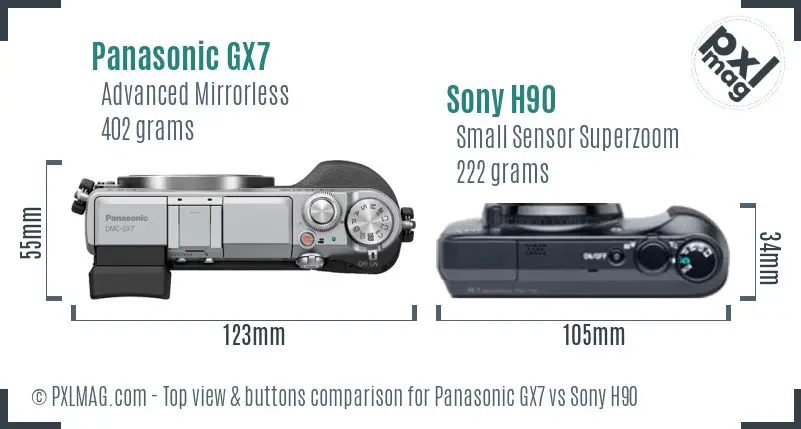 Panasonic GX7 vs Sony H90 top view buttons comparison Panasonic GX7 vs Sony H90 top view buttons comparison