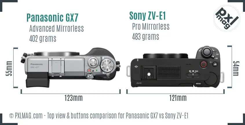 Panasonic GX7 vs Sony ZV-E1 top view buttons comparison