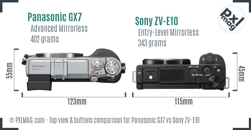 Panasonic GX7 vs Sony ZV-E10 top view buttons comparison