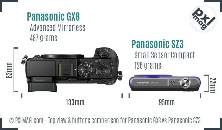 Panasonic GX8 vs Panasonic SZ3 top view buttons comparison