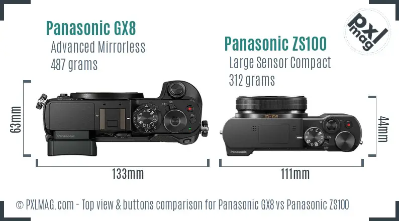 Panasonic GX8 vs Panasonic ZS100 top view buttons comparison