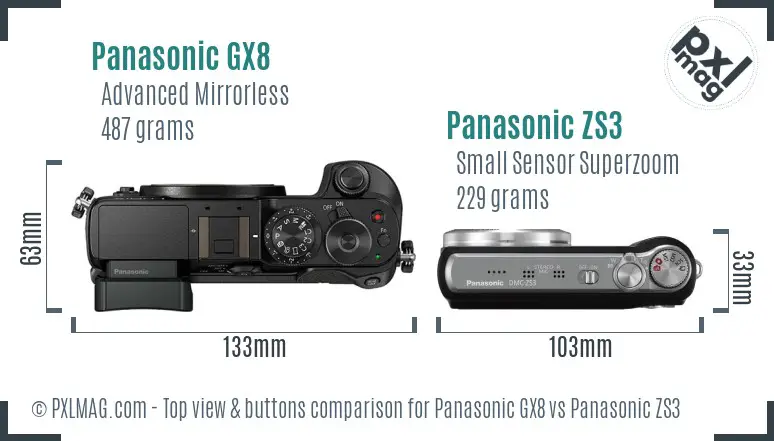 Panasonic GX8 vs Panasonic ZS3 top view buttons comparison