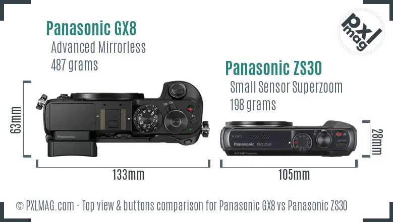Panasonic GX8 vs Panasonic ZS30 top view buttons comparison