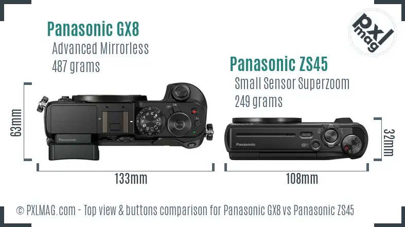 Panasonic GX8 vs Panasonic ZS45 top view buttons comparison