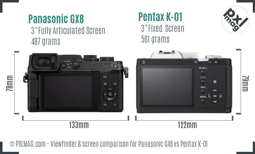 Panasonic GX8 vs Pentax K-01 Screen and Viewfinder comparison