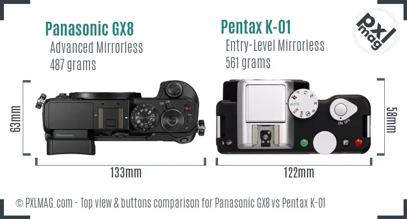 Panasonic GX8 vs Pentax K-01 top view buttons comparison