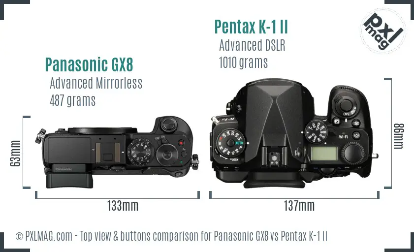 Panasonic GX8 vs Pentax K-1 II top view buttons comparison